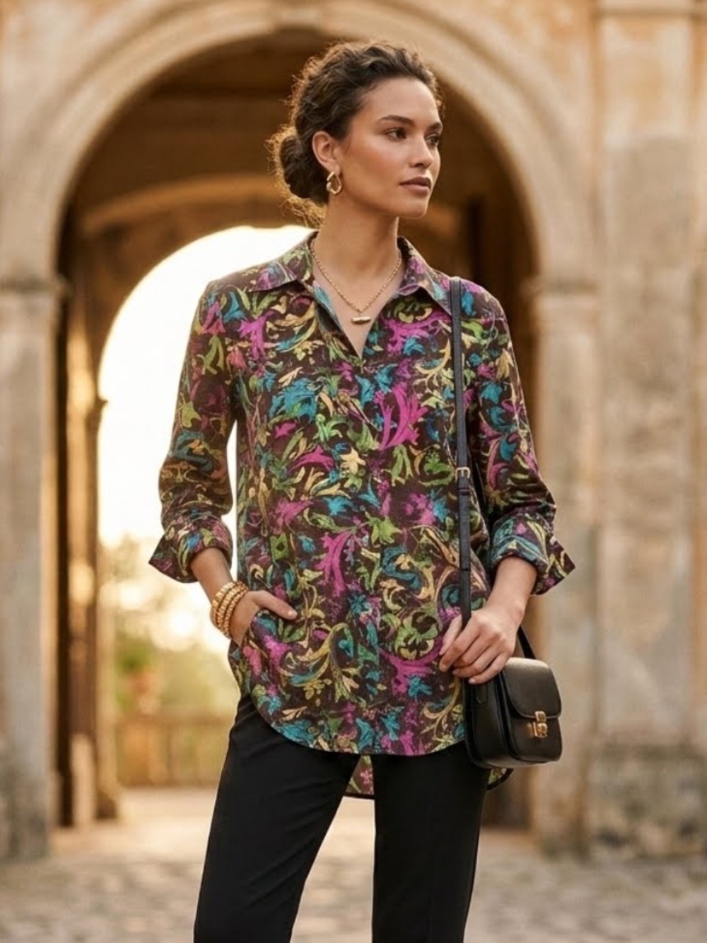 Diane von Furstenberg Silk Pop-over Shirt Multicolor Floral V-Neck Collared Sz M